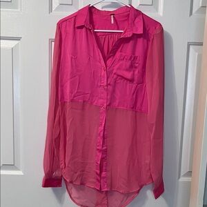 Free People Neon Pink Sheer Panel Button Down Long Sleeve Blouse Top Size S‎